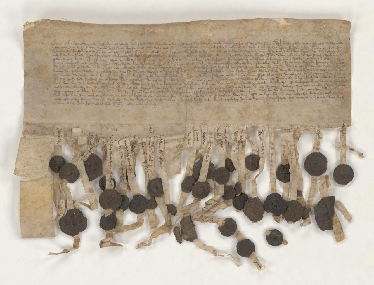 10. Charter uit 1361 met het zegel van Dirk III als vierde van links