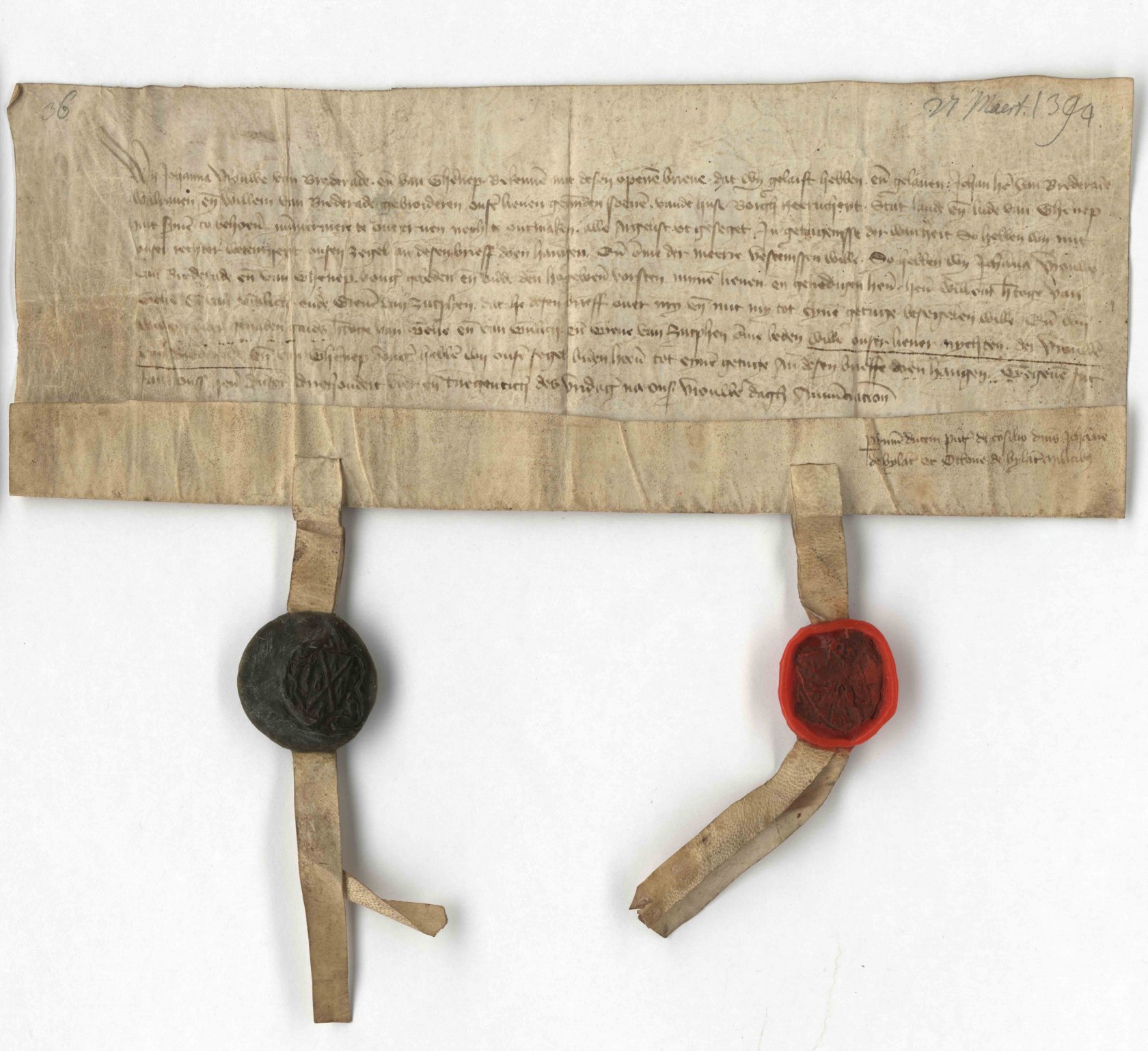 Oorkonde uit 1394 over de erfenis van Jolanda van Gennep, mede bezegeld door de hertog van Gelre