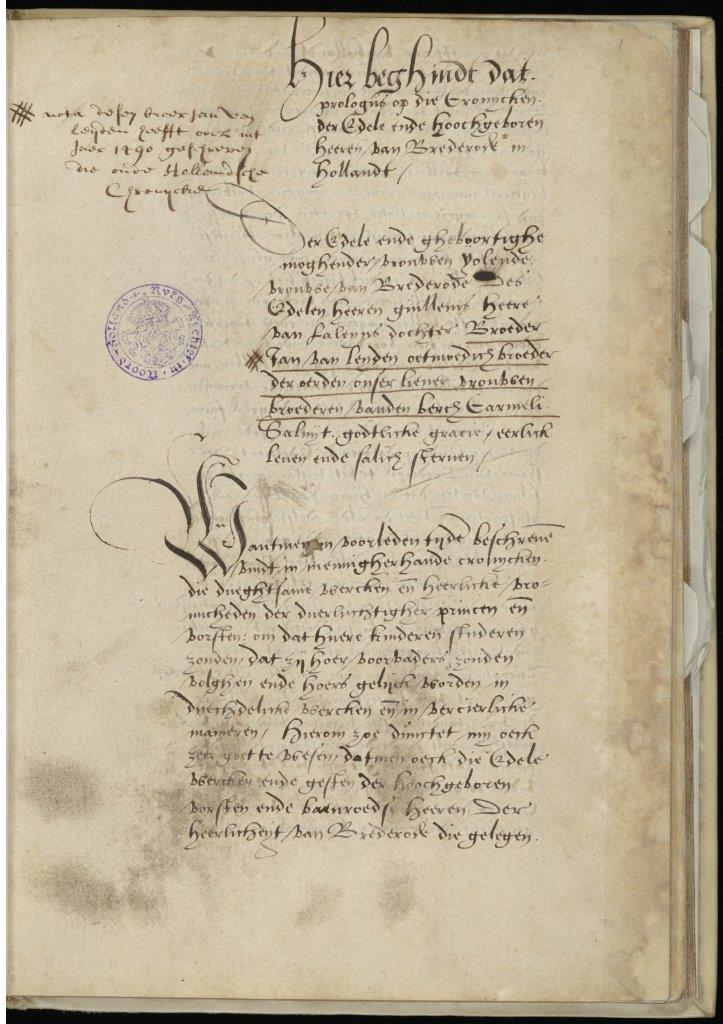2. Opening van Jan van Leidens Brederodekroniek in een 16de-eeuws handschrift