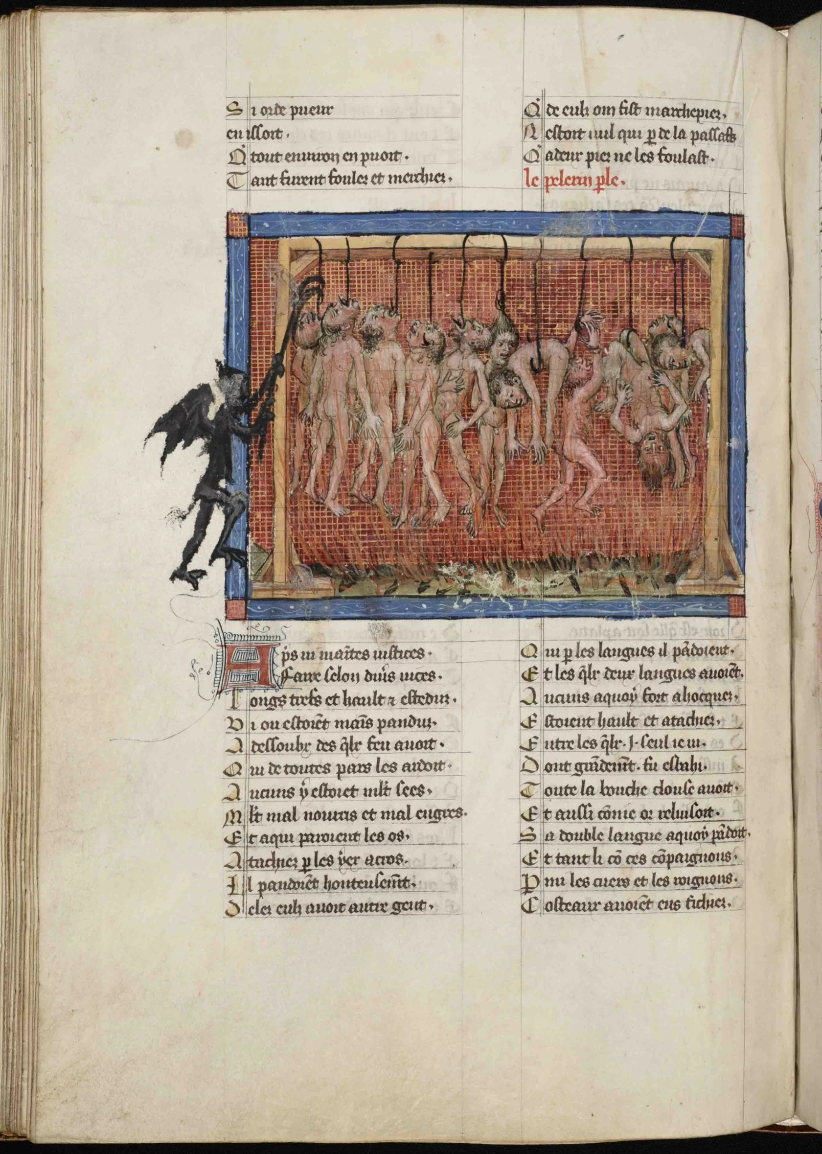 Gruwelijkheden van de hel, afgebeeld in een handschrift van Guillaume de Digullevilles Pèlerinage de l'âme