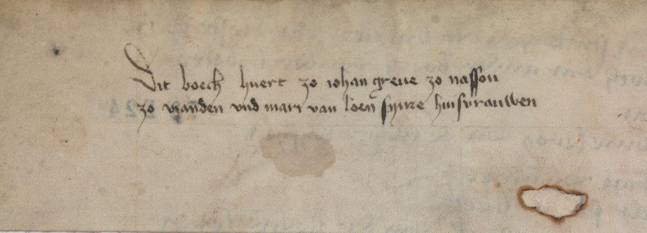 16. Bezittersaantekening in een handschrift van Des coninx summe uit de bibliotheek van Jan van Nassau