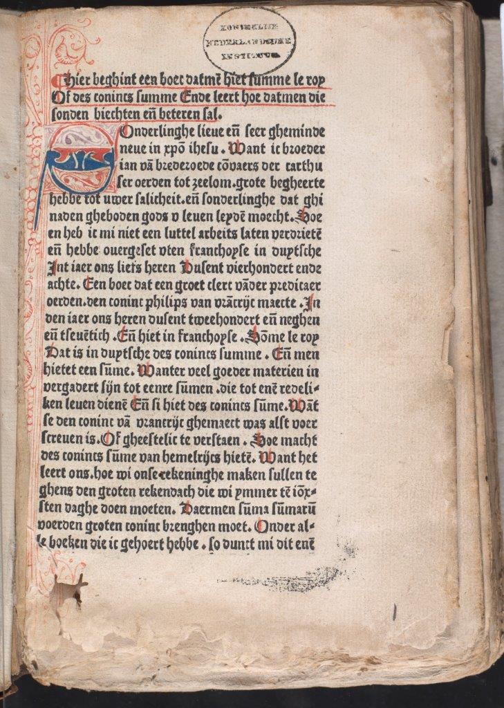 26. Des coninx summe in een druk (Delft 1478) - begin van de tekst